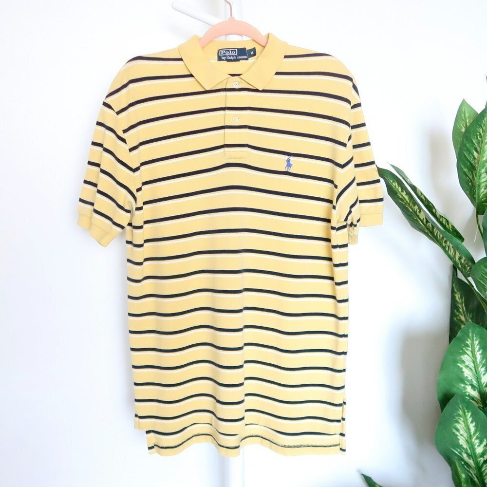 Ralph Lauren Men's Yellow & Navy Blue Striped Short Sleeve Collared Polo Shirt M